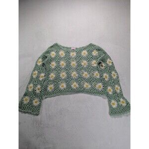 Pink Lily Daisy Crochet Bell-Sleeve Top Sage Green Boho Festival - Medium